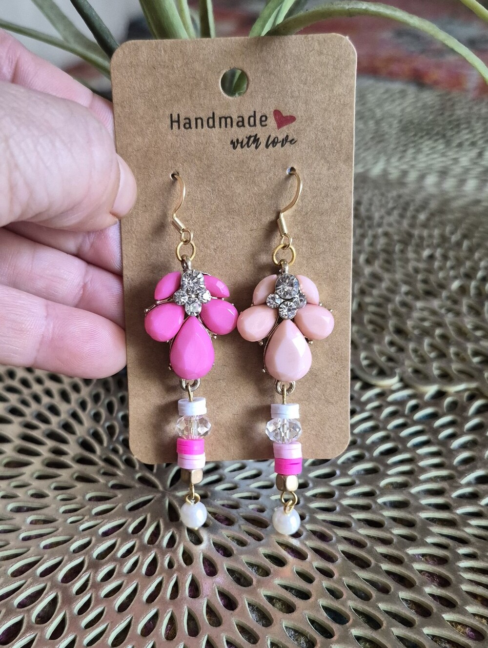 Handmade Pink Floral Drop Earrings - Two-Tone Pink